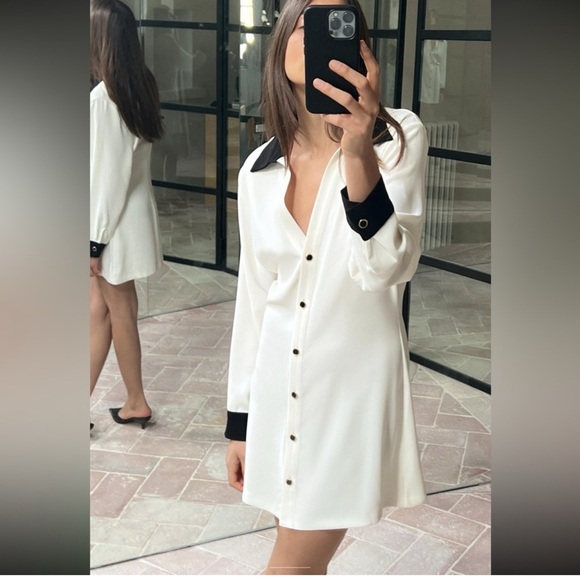 Zara Dresses & Skirts - Zara White Black Buttoned Long Sleeve Shirt Dress
